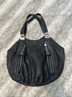 b. makowsky Black Leather Hobo Shoulder Bag with Dual Zip Detailing